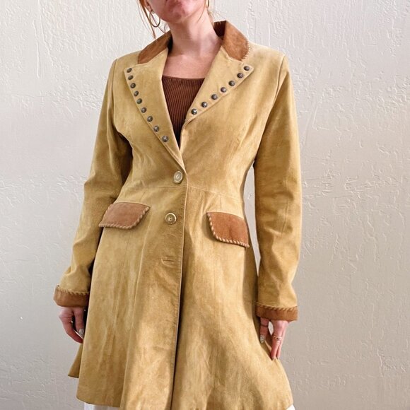 Vintage Suede Leather Military Style Trench Coat - Picture 1 of 10